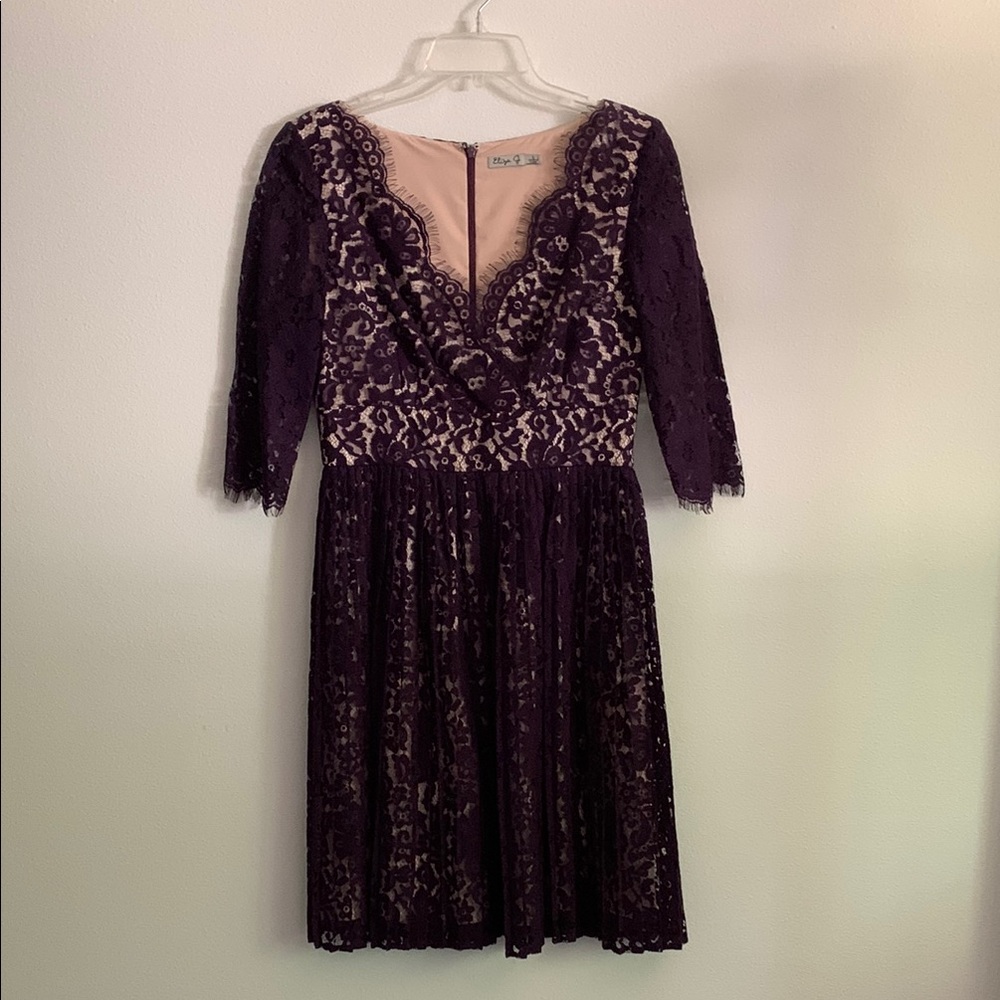 ELIZA J Pleated Lace Purple Dress Fit and Flare Scalloped Neckline/Sleeves
